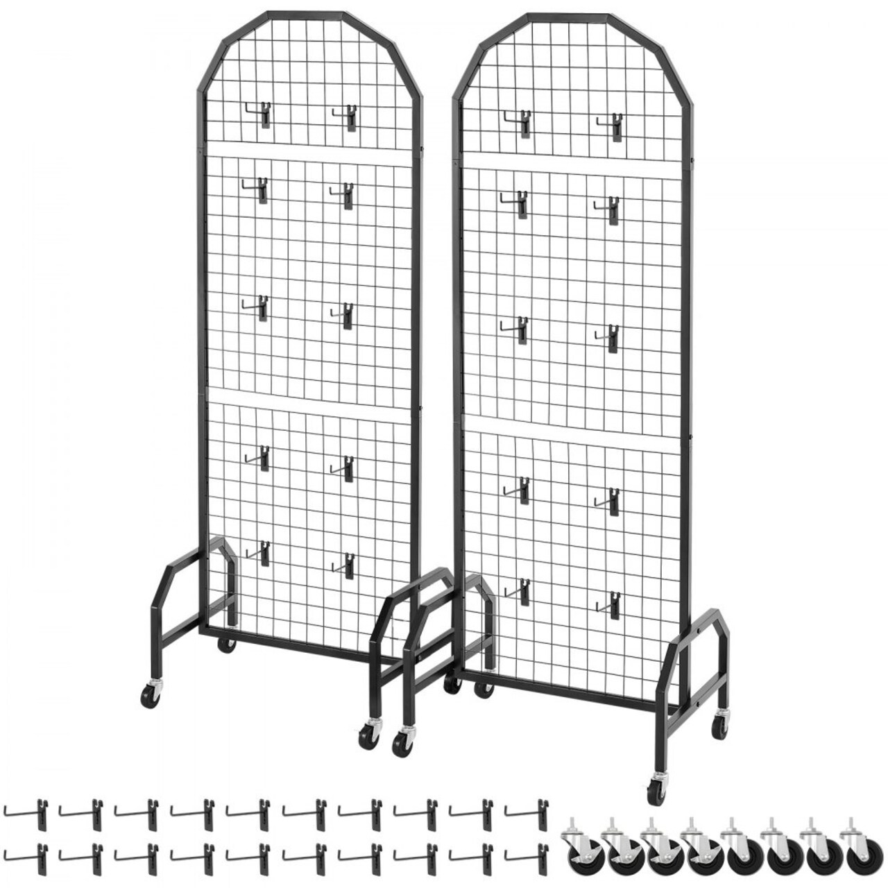 Black Grid Wall Panel Set Heavy Duty Carbon Steel Display Rack with 6 Panels and Casters